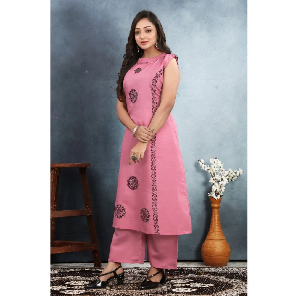 Women's Silk Printed Round Neck Kurti with Pant Set (Pink)