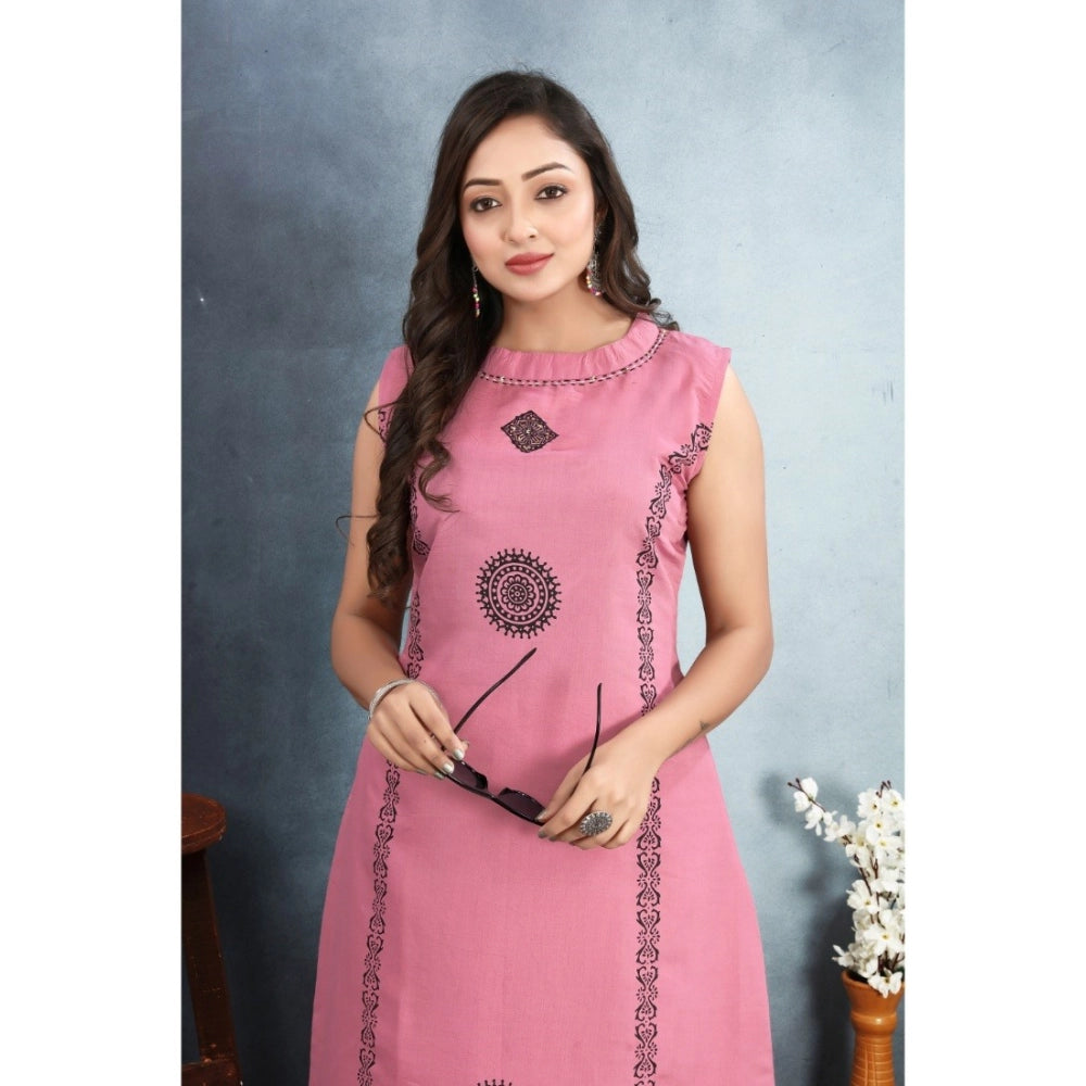 Women's Silk Printed Round Neck Kurti with Pant Set (Pink)