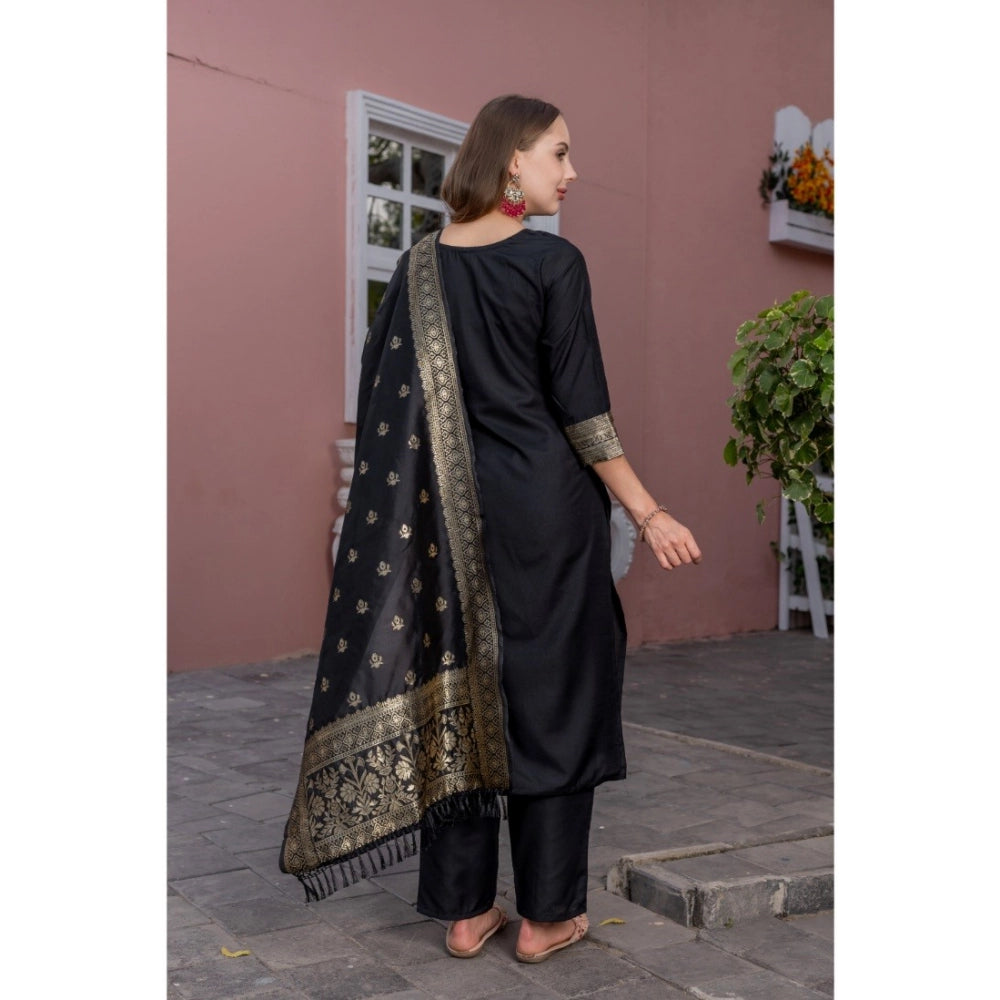 Women's Rayon Printed Round Neck Kurti with Pant and Dupatta Set (Black)