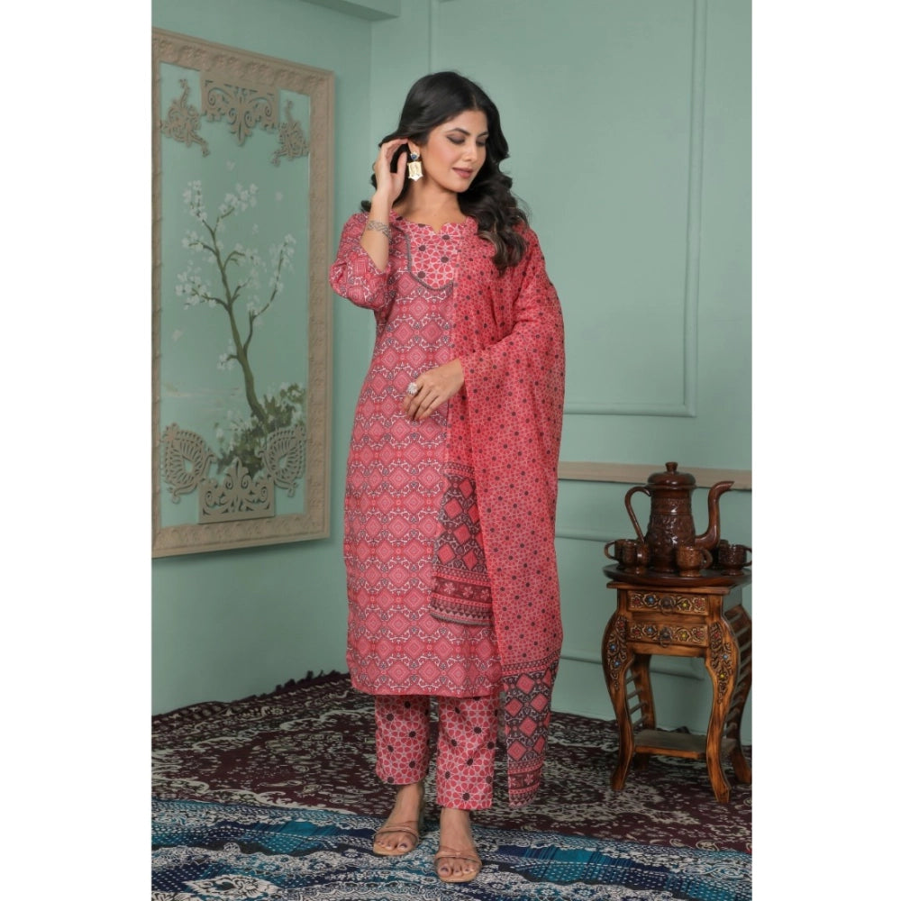 Women's Rayon Printed Round Neck Kurti with Pant and Dupatta Set (Pink)