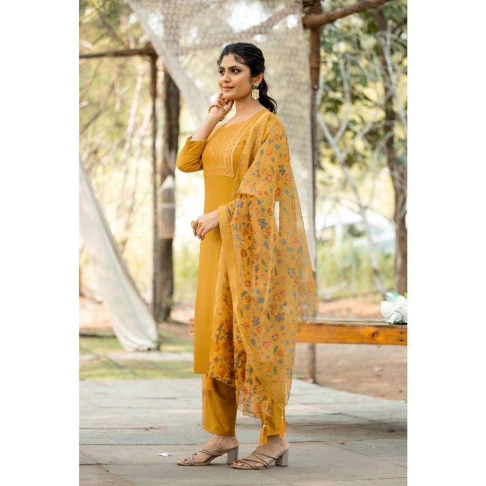 Women's Rayon Printed Round Neck Kurti with Pant and Dupatta Set (Mustard yellow)