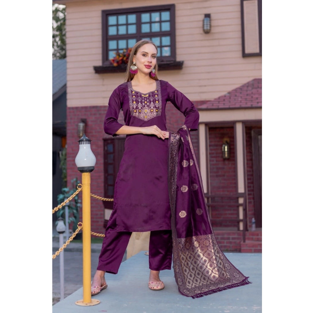 Women's Cotton Blend Printed Round Neck Kurti with Pant and Dupatta Set (Purple)