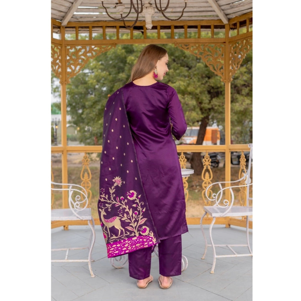 Women's Cotton Blend Printed Round Neck Kurti with Pant and Dupatta Set (Purple)