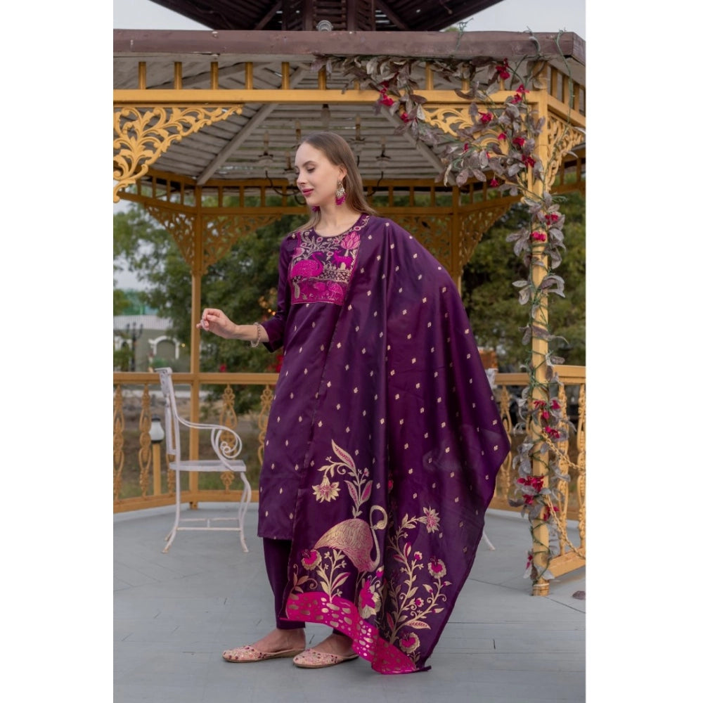 Women's Cotton Blend Printed Round Neck Kurti with Pant and Dupatta Set (Purple)