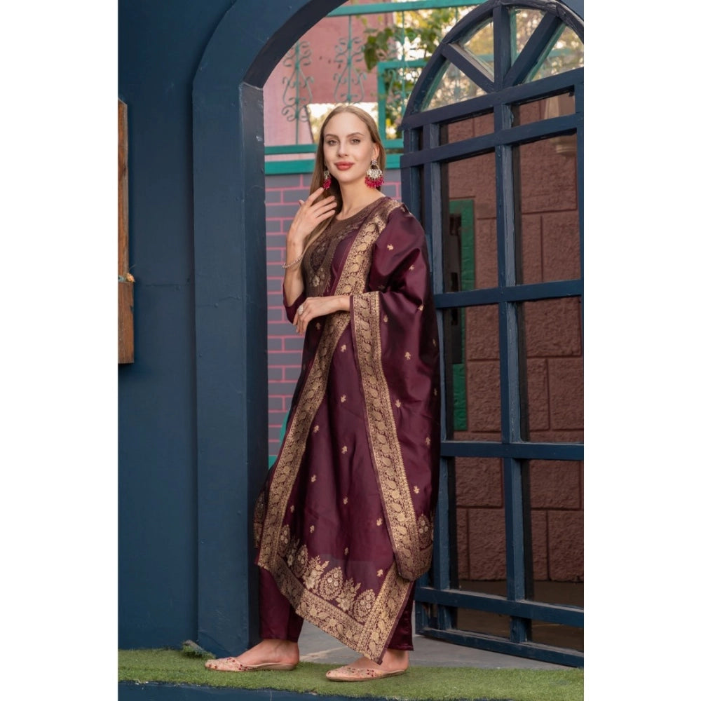 Women's Cotton Blend Printed Round Neck Kurti with Pant and Dupatta Set (Maroon)