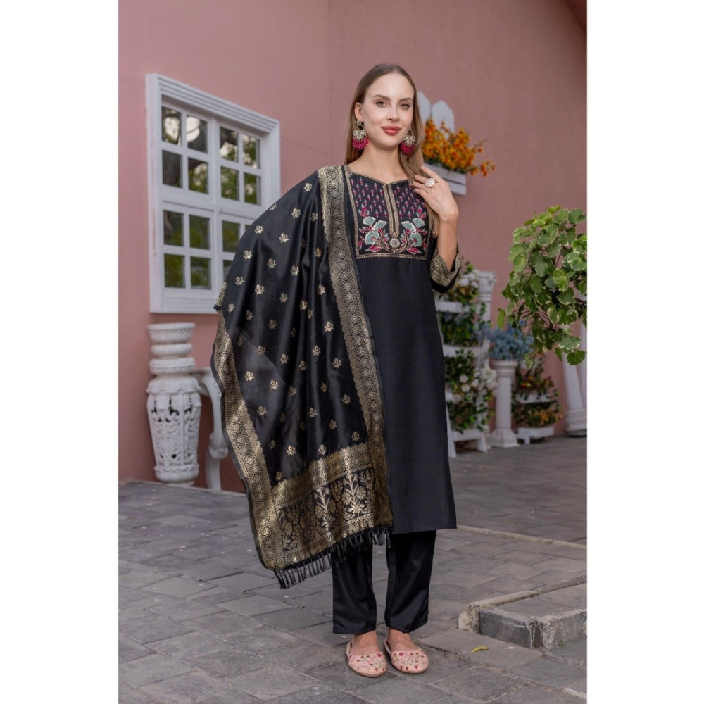 Women's Rayon Printed Round Neck Kurti with Pant and Dupatta Set (Black)