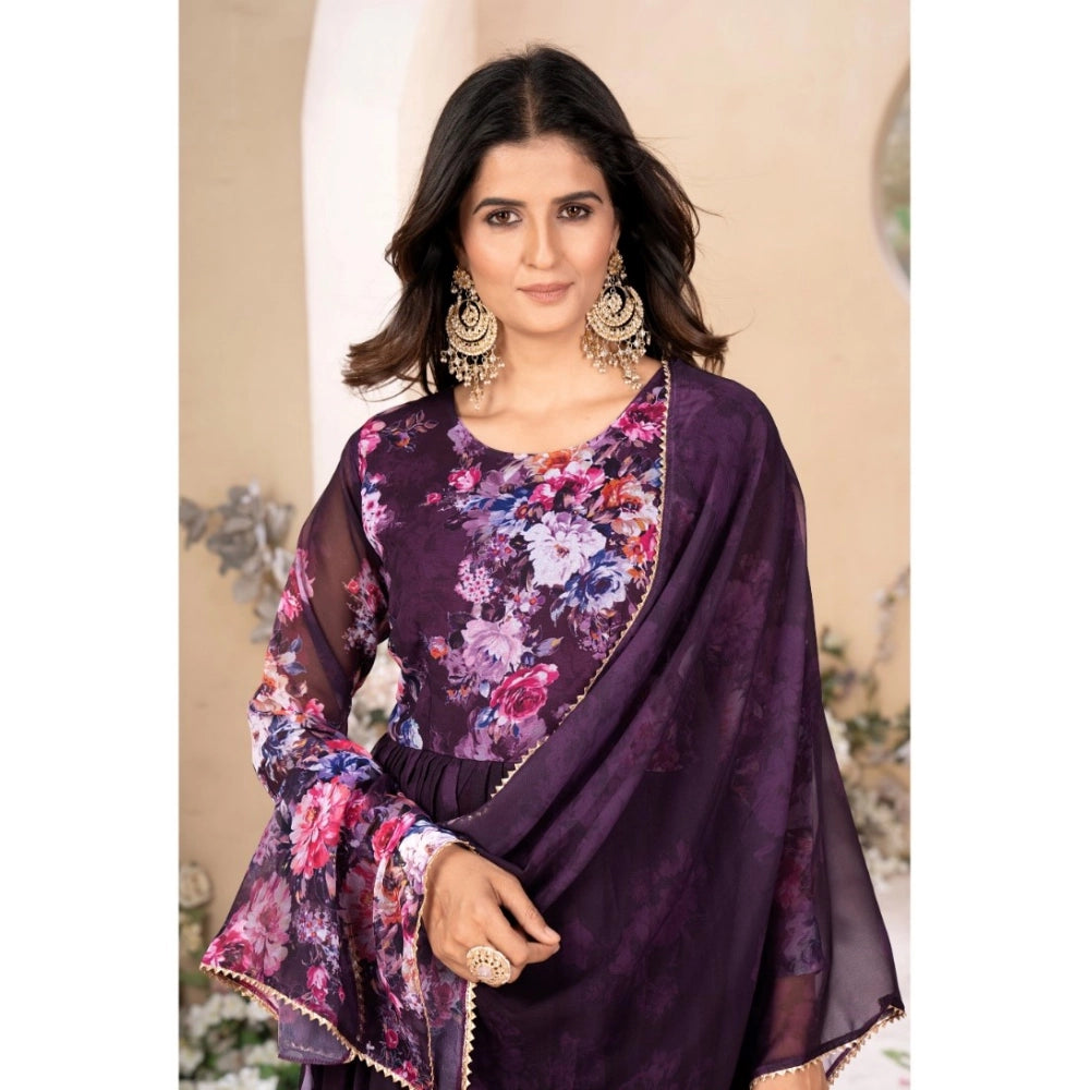 Women's Georgette Printed 3/4th Sleeve Kurti With Pant And Dupatta Set (Wine)