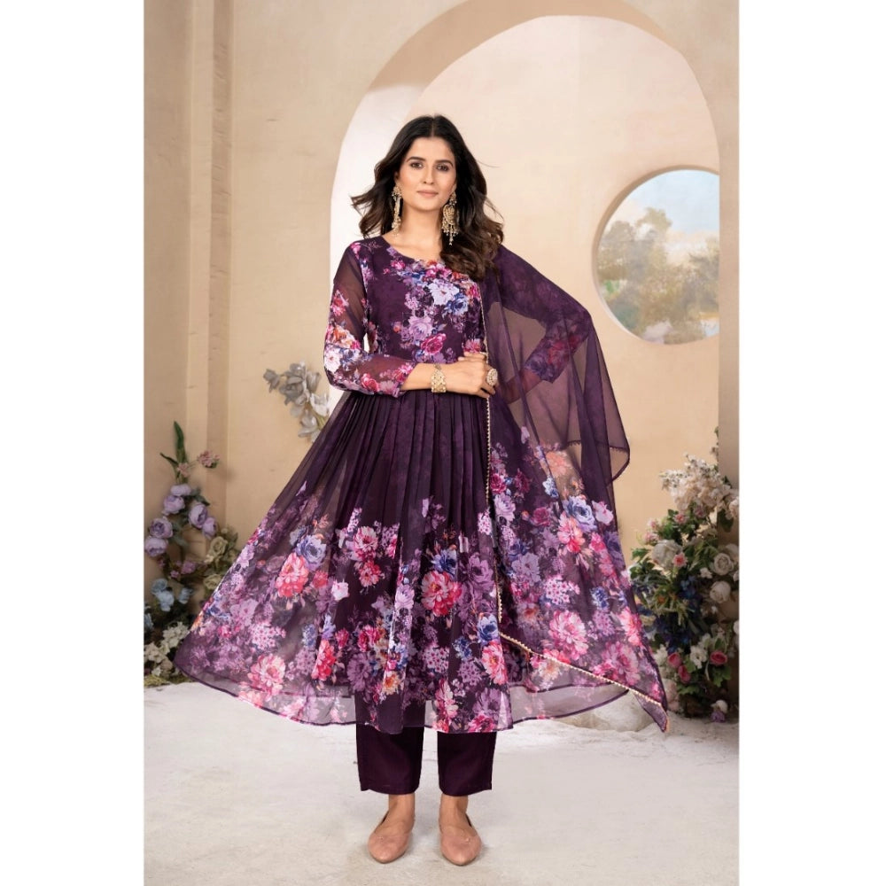 Women's Georgette Printed 3/4th Sleeve Kurti With Pant And Dupatta Set (Wine)