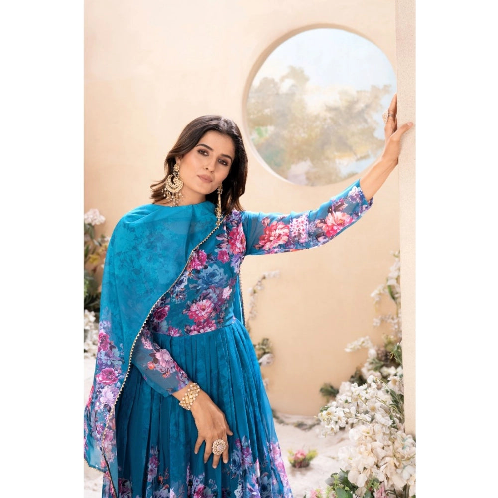 Women's Georgette Printed 3/4th Sleeve Kurti With Pant And Dupatta Set (Blue)